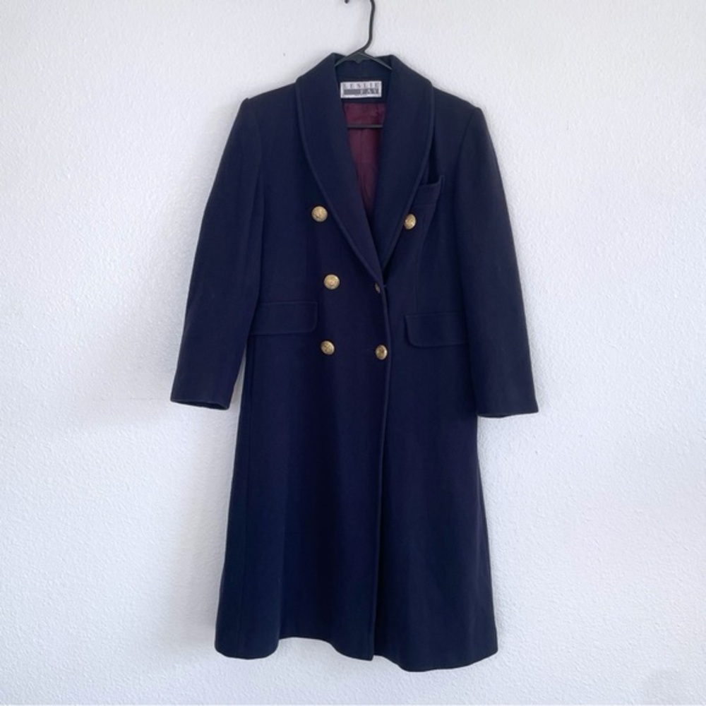 Vintage Leslie Fay Black Double Breasted Velvet Gold Button Wool Trench Coat 4